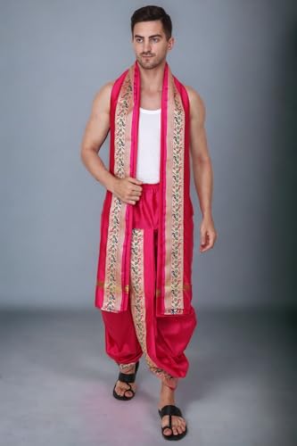 Image of Rameshwaram Fabrics Readymade Dhoti for Men, Velcro Style Stitched Mens Silk Dhoti Pant with Stole Set