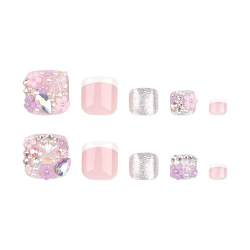 Image of Purple Pink Flower Press on Toenails Short Square Fake Toe Nails with Rhinestone Design Glossy Full Cover White French Tip Stick on Toenails for Women 24Pcs
