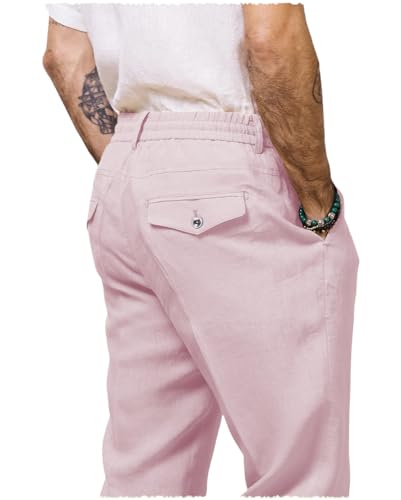 Men's Cotton Linen Pants Summer Drawstring Elastic Waist Vintage Lounge Trouser Lightweight Straight Legs