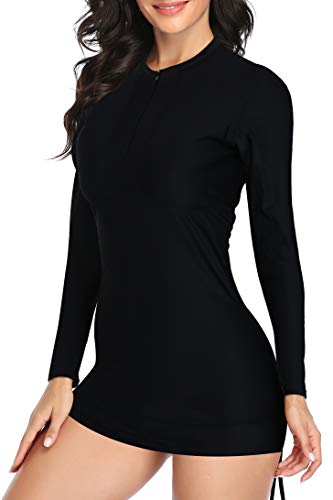 Daci Women Rash Guard Long Sleeve Swimsuit UPF 50 Zipper Side Adjustable Swim Shirt No Bottom Solid Black Large