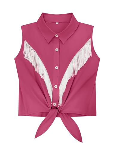 Image of Girls Fringe Shirt Sleeveless Button Down Western Cowgirl Tassel Trim Casual Blouse Shirt Top 4-13Y