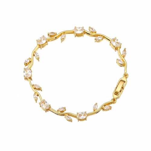 Image of Inites Anti Tarnish Fairy Bloom Floral Tulip Bracelet With White Crystal Stones For Women & Girls | Elegant Floral Branches Golden Chain Link Bracelet Lightweight Jewelry For Daily Wear & Gifts