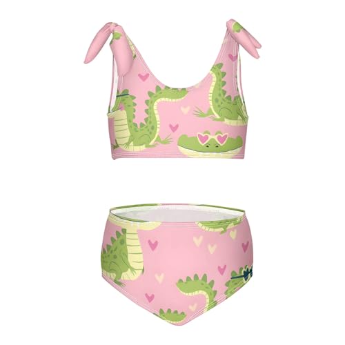 Girls' Bikini Set, Alligator Crocodiles Heart Glasses Pink Kids Swimsuit 2 Pcs Beach Bathing Suit