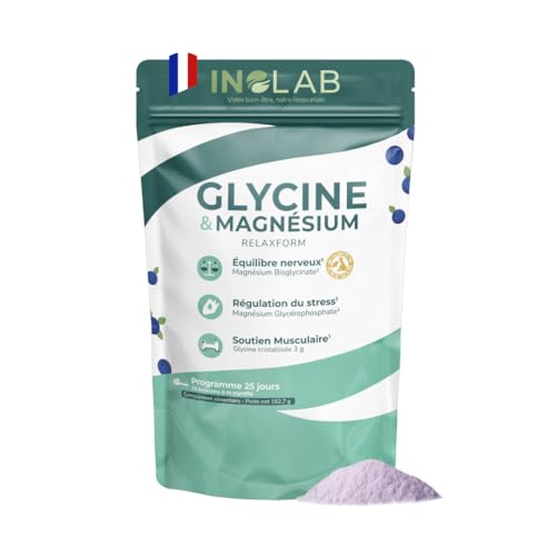 INOLAB I Relaxation Sommeil Anti Stress I Glycine Cristallisée 3g + Magnésium Bisglycinate Albion TRAACS® +Givomag™ I 25 boissons à la myrtille