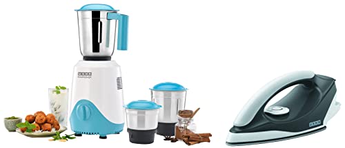 Image of USHA RapidMix 500-Watt Copper Motor Mixer Grinder with 3 Jars (Sea Green /White) & Aurora 1000 W Dry Iron With Innovative Tail Light Indicator, Weilburger Soleplate (Black)