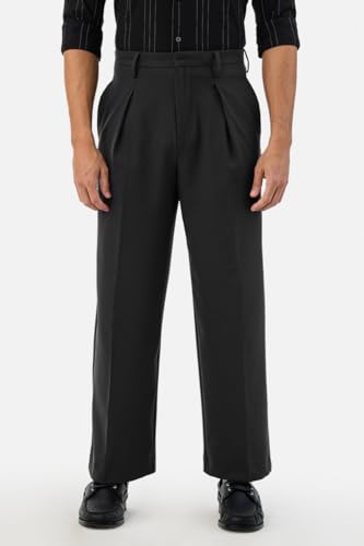Image of SNITCH Men Casual Trousers | Baggy Fit Wide-Leg Design with Pleated Front & Button Closure | Durable Polyester Blend & Medium-Stretch Fabric for Summer Wear