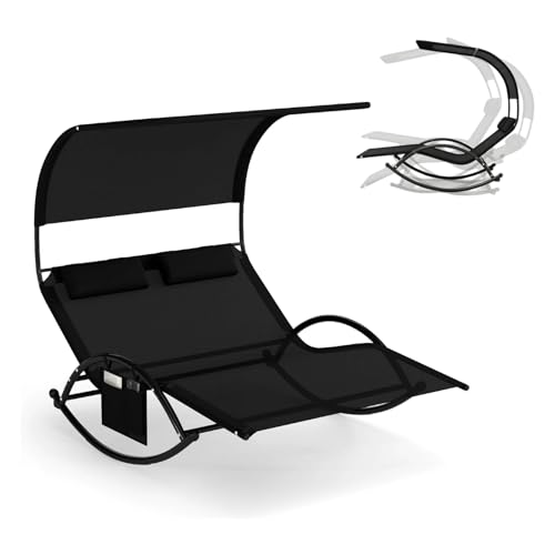 KOMFOTTEU Transat à Bascule pour 2 Personnes, Bain de Soleil Double, Charge 300 kg, Lit de Jardin avec Pare-Soleil & Appui-tête, Largeur de 119cm, pour...