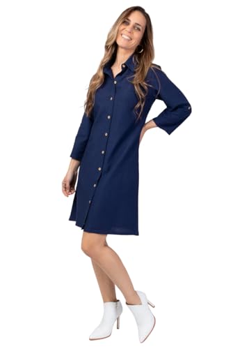 Robe chemise bleu marine en tissu noble avec col Claudine tailleur