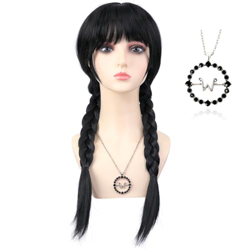 Bettecos Long Black Braided Wig for Women with Necklace Heat Resistant Synthetic Pigtails Hair Wigs for Adults Halloween Party Cosplay Costume (Adults Wig+Necklace)