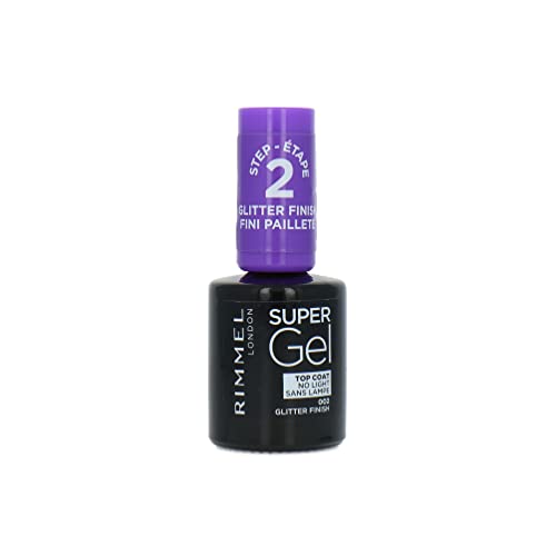 Rimmel Super Gel 002 Glitter Finish Top Coat Long-Lasting Nail Polish Glazed Finish Easy Application Gel-like Manicure Chip Resistant Clean Formula 12ml