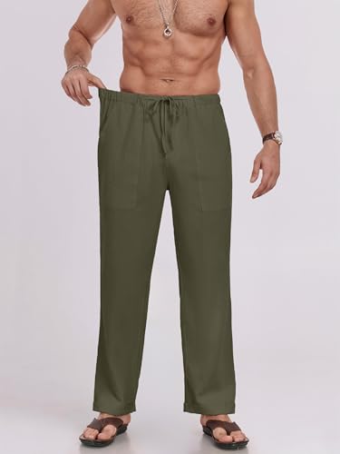 Puimentiua Mens Linen Pants Elastic Waist Drawstring Loose Fit Casual Summer Beach Pants with Pockets Baggy Trousers4