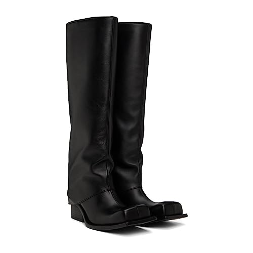 Arqa Women's Fold Over Knee High Boots Square Toe Chunky Heel Metallic Wide Calf Boot Pull-on Riding Boot2