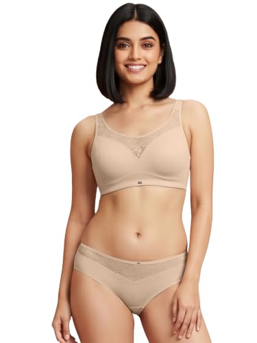 Image of SOIE Women's Full Coverage Padded Bra and Mid Rise Brief with Lace Detailing