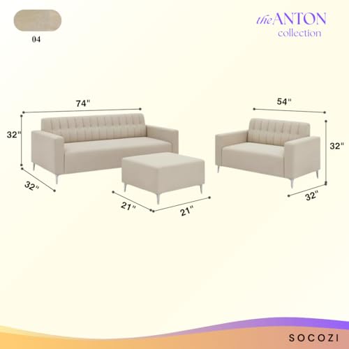 Image of SOCOZI Antonia 3+2 Seater Fabric Sofa Set with Ottoman | Soft Velvet Suede Fabric Sofa | Modern Living Room Furniture (Cream)