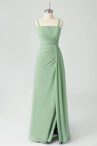 Spaghetti Straps Bridesmaid Dresses with Slit Ruched Long Formal Wedding Guest Dress4