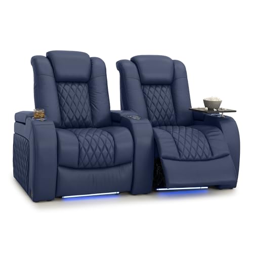 Image of Seatcraft Diamante Navy Blue Italian Leather Home Theater Seating, Zero Gravity Power Recliner, Gaming and Home Office Chair, Powered Headrest Furniture for Family Cinema Room, Row of 2