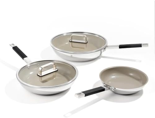 ROYDX Stainless Steel Cookware Set, Non Stick Titanium Ceramic Fry Pan with Lid 8", 10" and 12" Oil Gather Pro Non Stick Skillets with Stay-Cool Handle PFOA Free, Compatible with All Cooktops