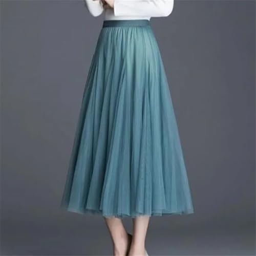 Women Solid Color Midi Long Skirt Women Elastic A-Line High Waist Pleated Mesh Skirt2