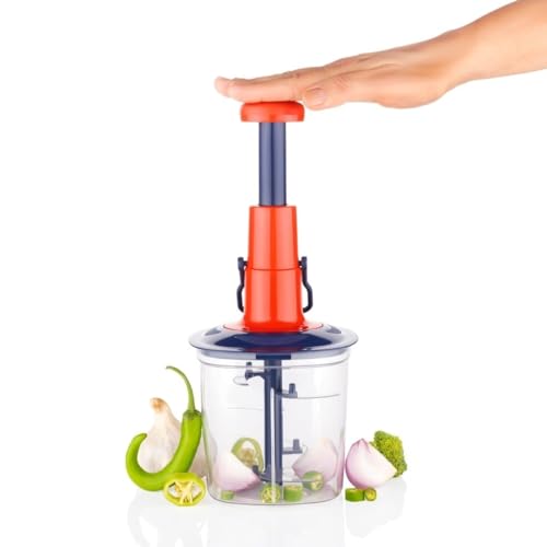 Image of JABON BAGNO 2-in-1 Food Chopper & Blender - 5 Stainless Steel Blades, 1000ml Capacity | Instant Vegetable Fruit Slicer, Manual Push Operation, Easy Clean Kitchen Tool