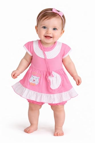 Image of Baby Girls Frock Dress with Bloomer Set | Short Sleeve Polka Dot Inner Layer & Bow Detail Special for 0-6 Months