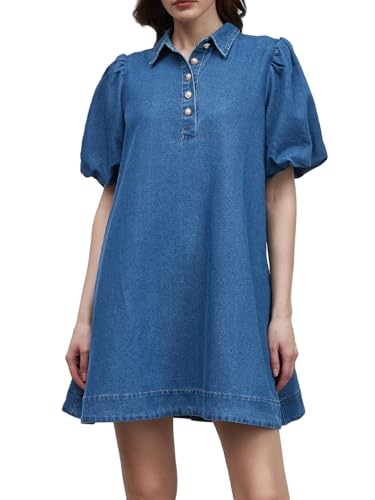 LifeShe Babydoll Denim Dress for Women Puff Sleeve Flowy Mini Jeans Dresses Button Down Jean Romper