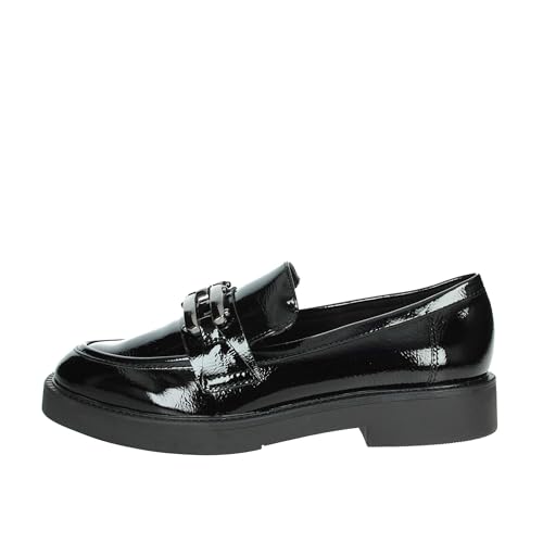 MARCO TOZZI Damen Loafer ohne Absatz mit Schnalle Elegant, Schwarz (Black Patent), 41 EU