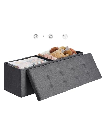 SONGMICS Sitzhocker mit Stauraum, klappbare Sitzbank, 38 x 110 x 38 cm Fußbank, Aufbewahrungsbox, bis 300 kg belastbar, für Wohnzimmer Schlafzimmer Flur, schiefergrau LSF77K