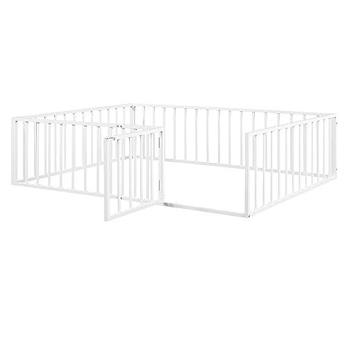 Image of Bellemave Queen Size Floor Bed for Kids, Montessori Beds with Rails and Door, Metal Playhouse Bed Frame with Fence for Boys Girls, White