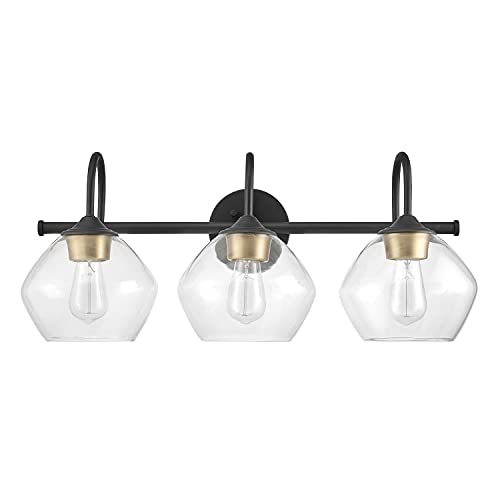 Globe Electric 51853 Harrow 3-Light Vanity Light, Dark Bronze, Antique Brass Accents, Clear Glass Shade , Brown