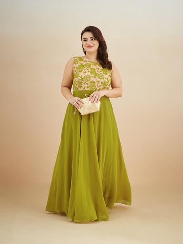 Image of Miss Chase A+ Women's Round Neck Sleeveless Georgette Floral Lace Fit & Flare Maxi Dress