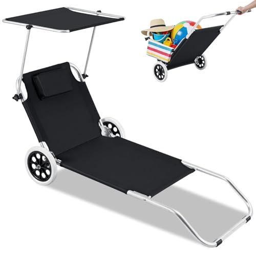 Jaxguom 2-in-1 Aluminium Sonnenliege mit Rollen Strandliege klappbar leicht rostfrei Verstellbarer Liegestuhl mit Sonnendach Kissen Rollliege für Garten Strand Transporthilfe Schwarz
