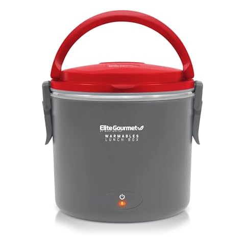 Elite Gourmet EFW-6080R Warmables Lunch Box Electric Food Warmer with Stainless Steel Pot, 32 Ounce, Grey Red Cover