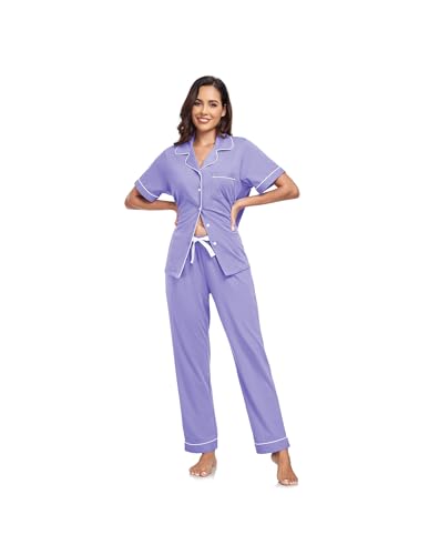 Image of CF Womens 100% Cotton Pajamas Set Button Down Pjs Sets Short Sleeve Top & Long Pants Sleepwear Comfy Loungewear with Pockets