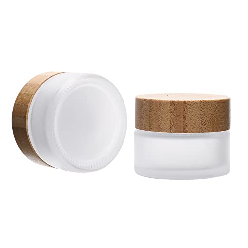 2 Pack 100ml Frosted Glass Cream Jars with Bamboo lids,Wide Mouth Makeup Sample Storage Pot Dispenser Bottles for travel Jars Face Eye Shadow (100g)