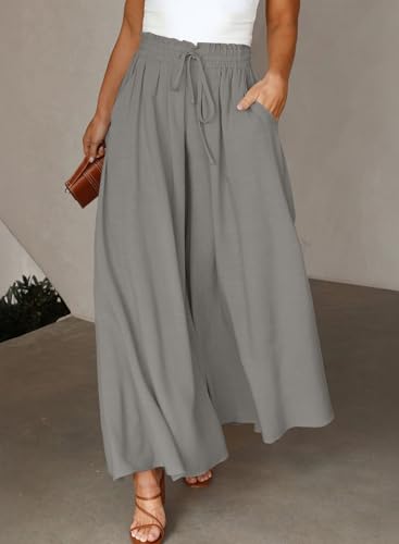 Eytino Plus Size Pants for Women Casual Drawstring Elastic Waist Wide Leg Pants Beach Trousers with Pockets,2X High-Rise3