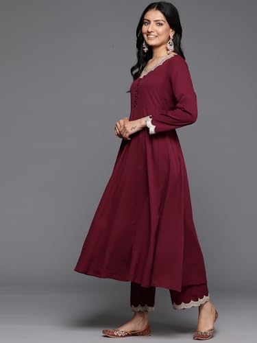 Image of Varanga Women Maroon Zari & Sequins Embellished Anarkali Kurta with Bottom and Dupatta - V-Neck, Potali Button Yoke, Long Sleeves