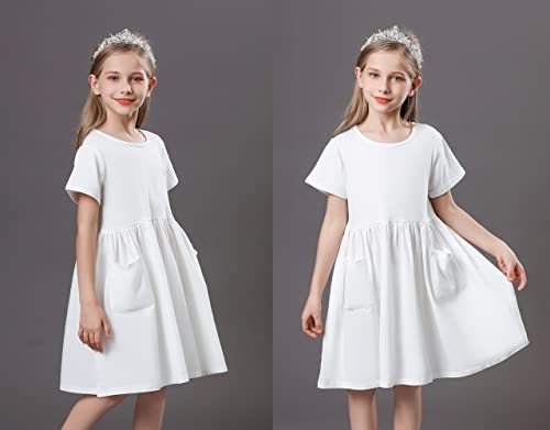 Girls Dresses Short Sleeve Solid Color Casual A-Line Pleated Dress with Pockets4