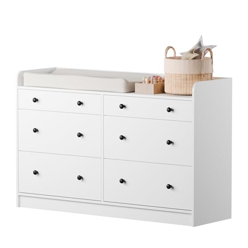 Image of Cozy Castle Baby Dresser with 6 Drawers and Large Table Top, Multi-Functional Chest of Drawer, Drawer Dresser with Three-Sided High Rails for Nursery, Children's Room, Bedroom, White