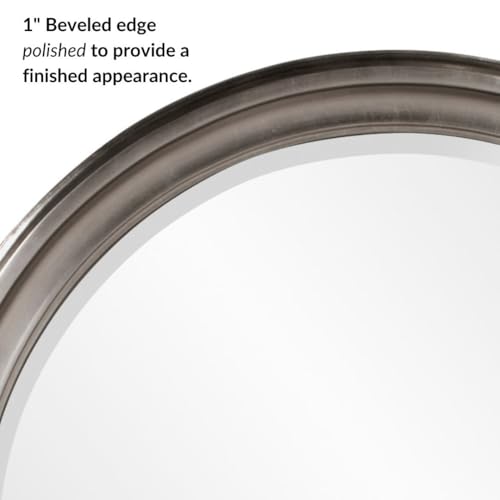Image of Howard Elliott Collection George Round Glossy Nickel Wall Mirror, Bevelled Vintage Hanging Wood Framed Vanity Mirrors for Home Decor, Living Room, Bathroom, Bedroom, or Hallway, 36 Inch Round
