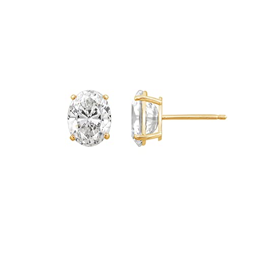 10K or 14K Real Solid Gold Stud Earrings for Women | White or Yellow Gold Oval Cut Solitaire Studs | 0.5 to 4 Carat Cubic Zirconia CZ Simulated Diamond