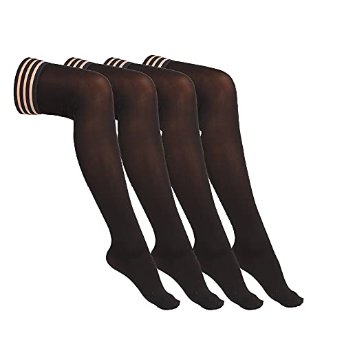 EABERN 4 Pair Women's Antiskid Silicone Lace Top Opaque Thigh High Silk Stockings-blackB