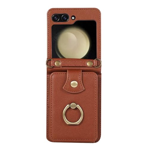 Custodia per Samsung Galaxy Z Flip 7 custodia a portafoglio ultra sottile con tracolla ad anello staffa antiurto e resistente alle cadute per telefono di alta qualità marrone pelle
