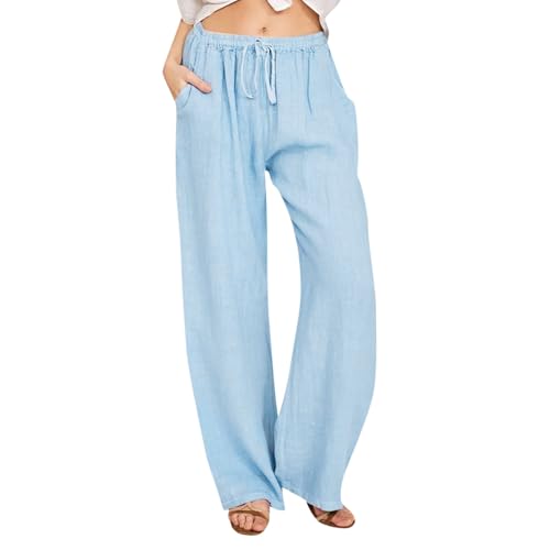 Wide Leg Linen Pants for Women Drawstring Waist Lightweight Summer Pants with Pocket Baggy Cotton Linen Palazzo Pants