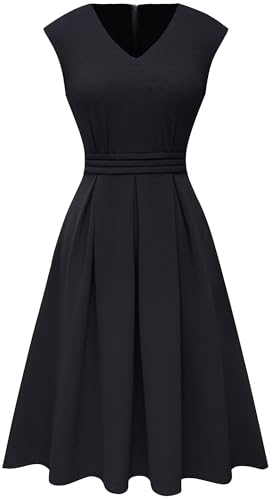 HOMEYEE Women's Vintage 50s Cap Sleeve Pleated Waist Cocktail Retro Flared Dress with Pocket A1962