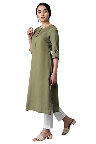 Image of W for Woman Cotton Yellow Solid Mandarin Collar Straight Kurta