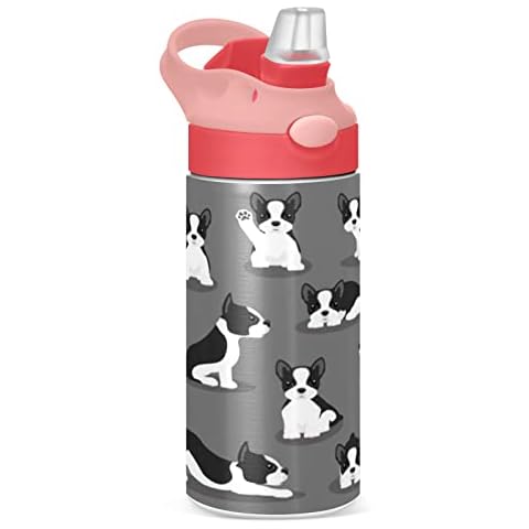 Boccsty Boston Terrier Dog Kids Water Bottle with Straw Lid Cute Puppy Insulated Stainless Steel Reusable Tumbler for Boys Girls Toddlers 12 oz Pink Cover