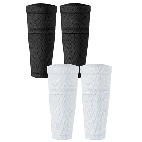 2 Pairs Kids Youth Soccer Shin Guard Sleeves Boy Girl Shin Guard Sleeves with Insert Pocket for Football Soccer Basketball Sport Training (Black and White)