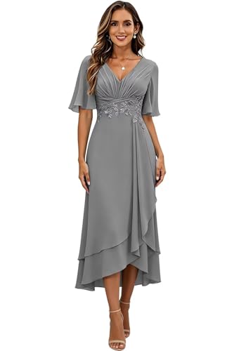 Image of Lace Applique Mother of Bride Dresses Chiffon Mother of the Groom Dresses Tea Length Formal Evening Dress with Sleeve