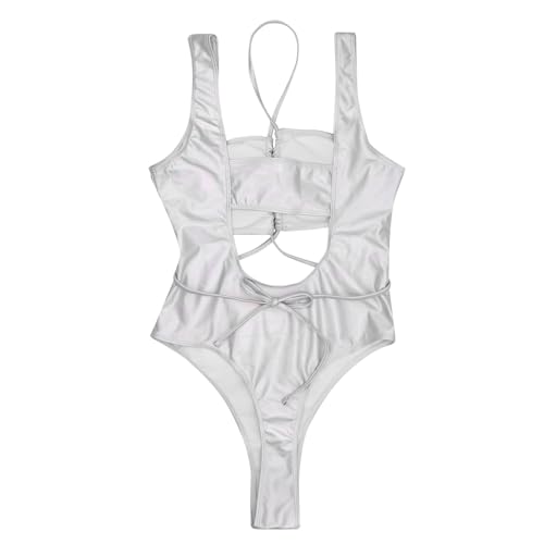 Women’s Sexy Criss Cross Metallic Silver Swimsuit One Piece Holographic Backless Bathing Suit Rave Festival Outfit3