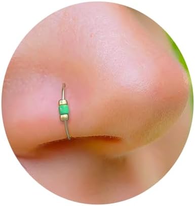 Tiny Gold Nose Ring - Handmade 14k Gold Nose Piercing with a 2mm Green Gem - Thin 24 Gauge 7mm Hoop - Comfortable Nose Piercings - Image 2